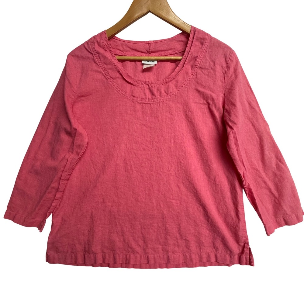 Hot Cotton Pink Linen Blend 3/4 Sleeve Scoop Neck Top Large Made in USA